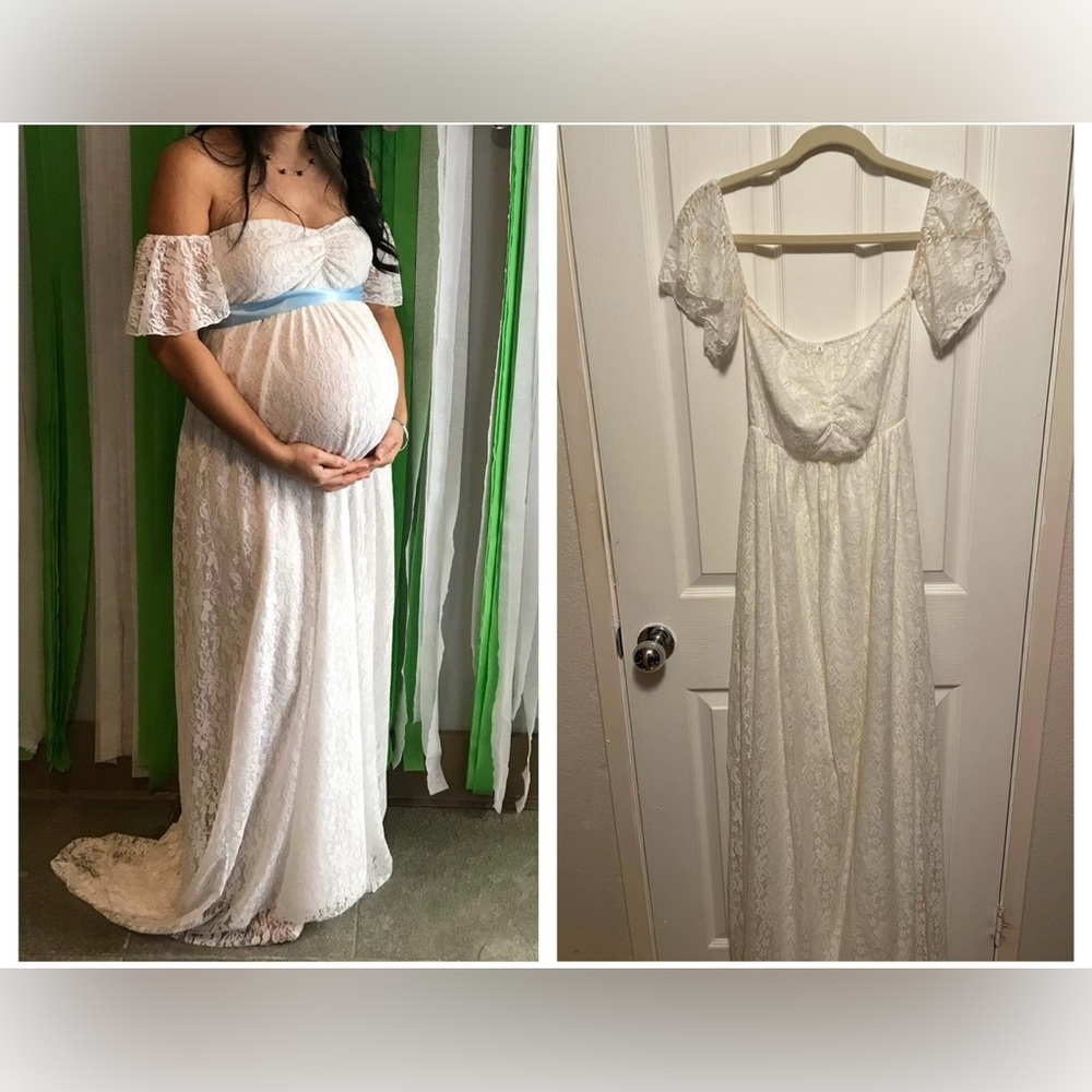 Stretchy white lace boho maternity maxi dress - small
